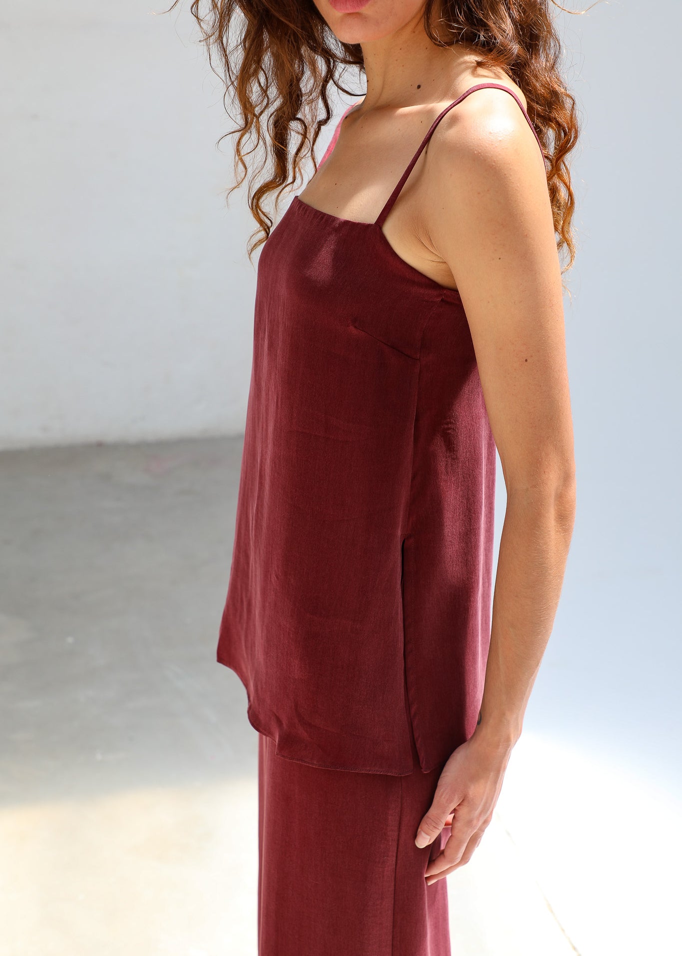 Thin Straps Cupro Silk Top Burgundy