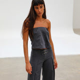 Linen Belt Pleated Pants Grey