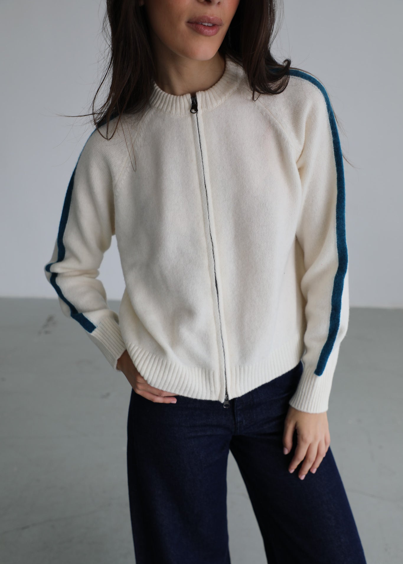 Zip Knit Sweater Lines Natural & Blue
