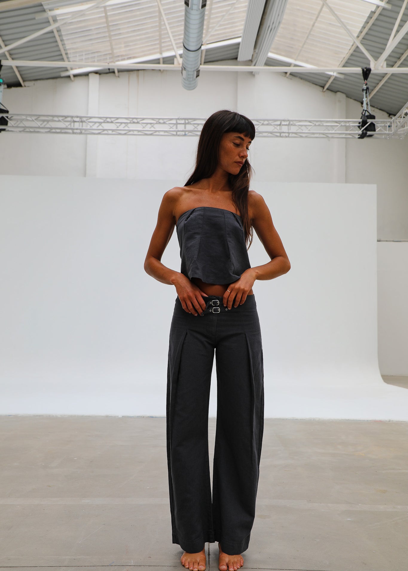 Linen Belt Pleated Pants Grey