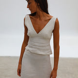 Linen V Neck Top Beige