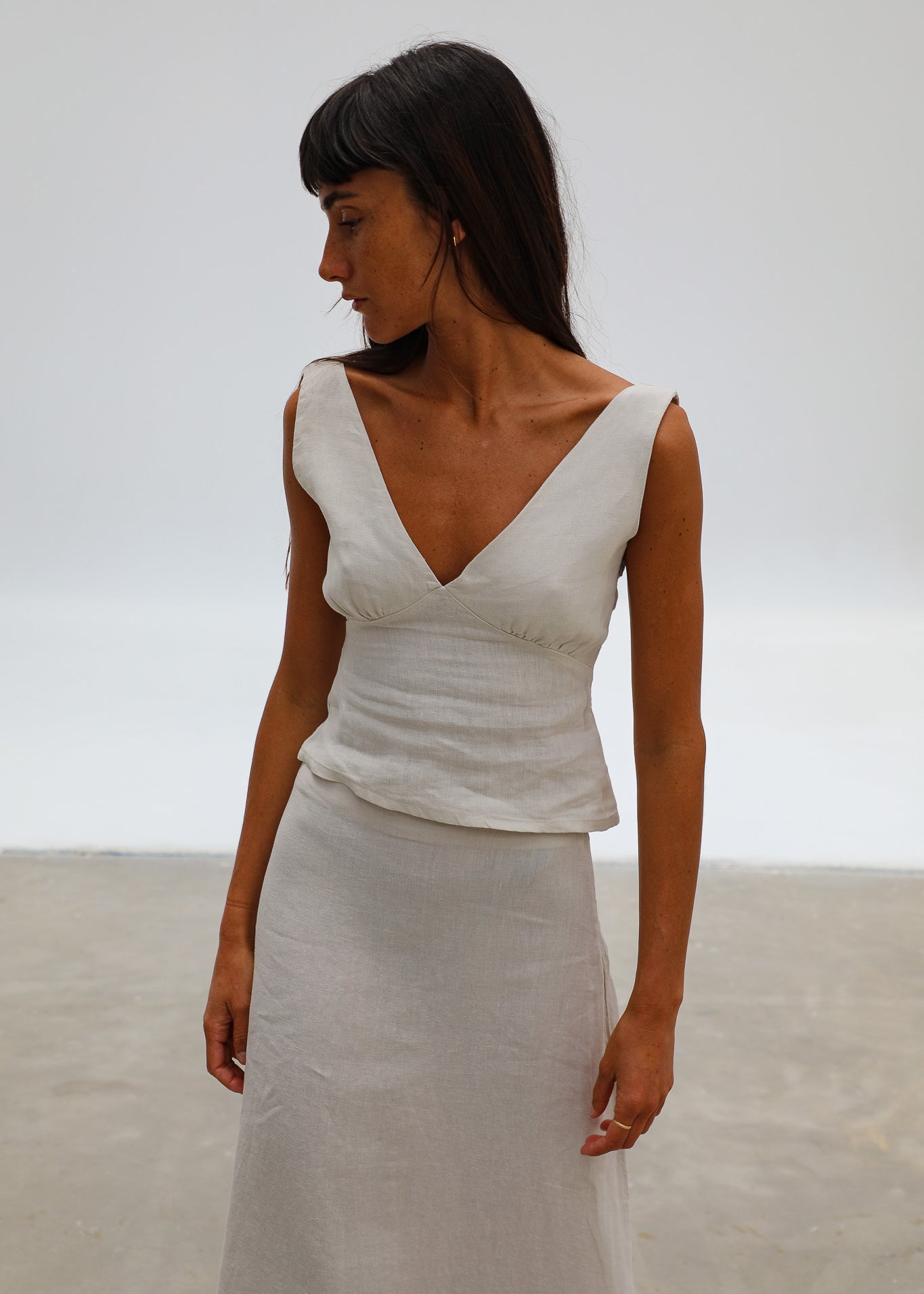 Linen V Neck Top Beige