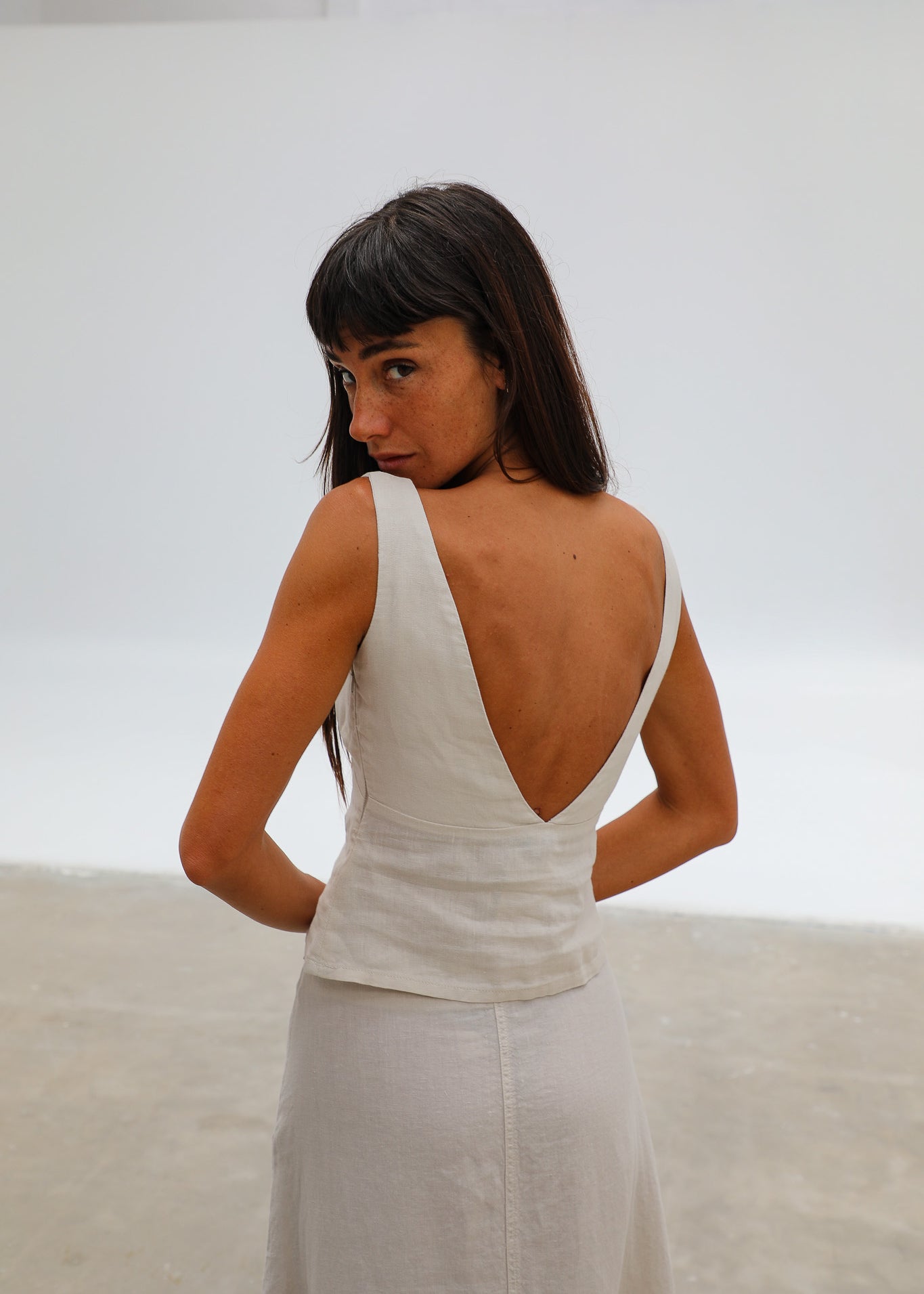 Linen V Neck Top Beige