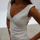 Linen V Neck Top Beige