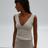 Linen V Neck Top Beige
