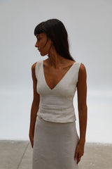 Linen V Neck Top Beige