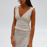 Linen V Neck Top Beige
