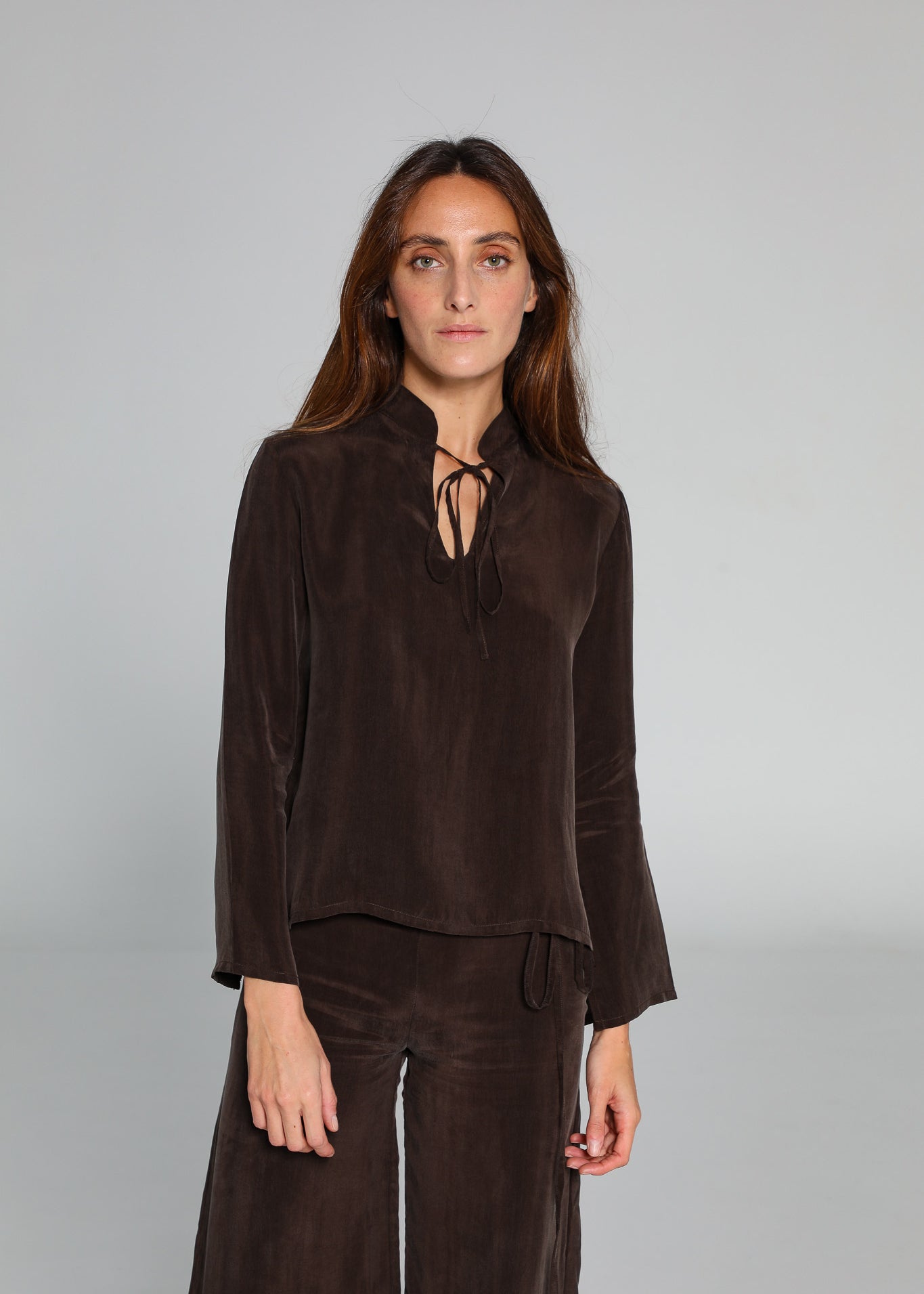 Lace Cupro Blouse Brown