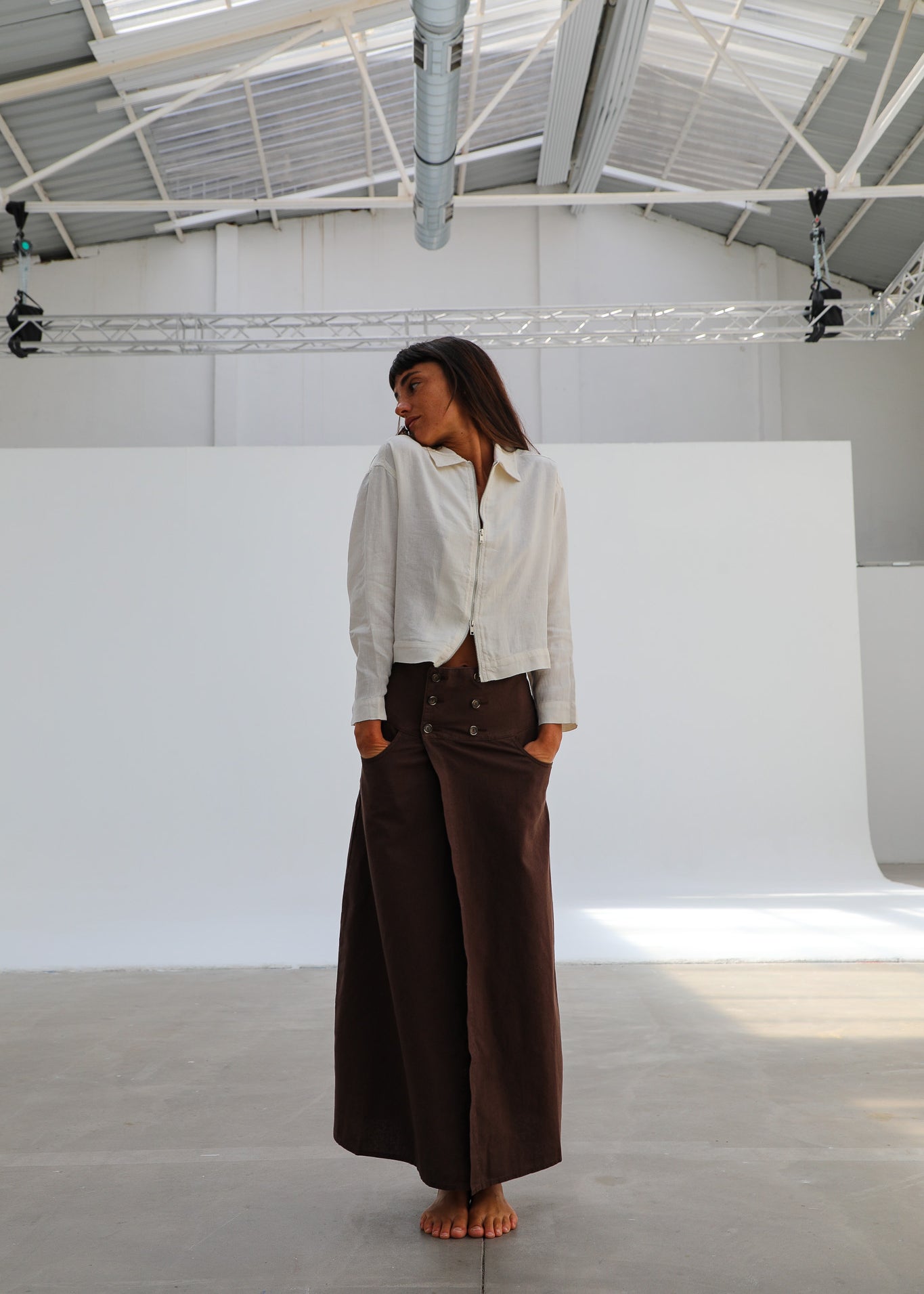 Buttons Long Linen Skirt Brown