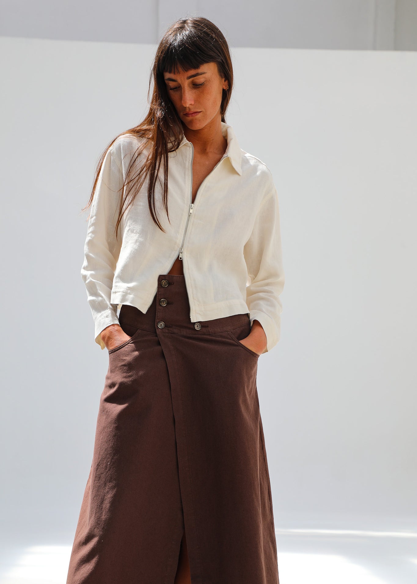 Buttons Long Linen Skirt Brown