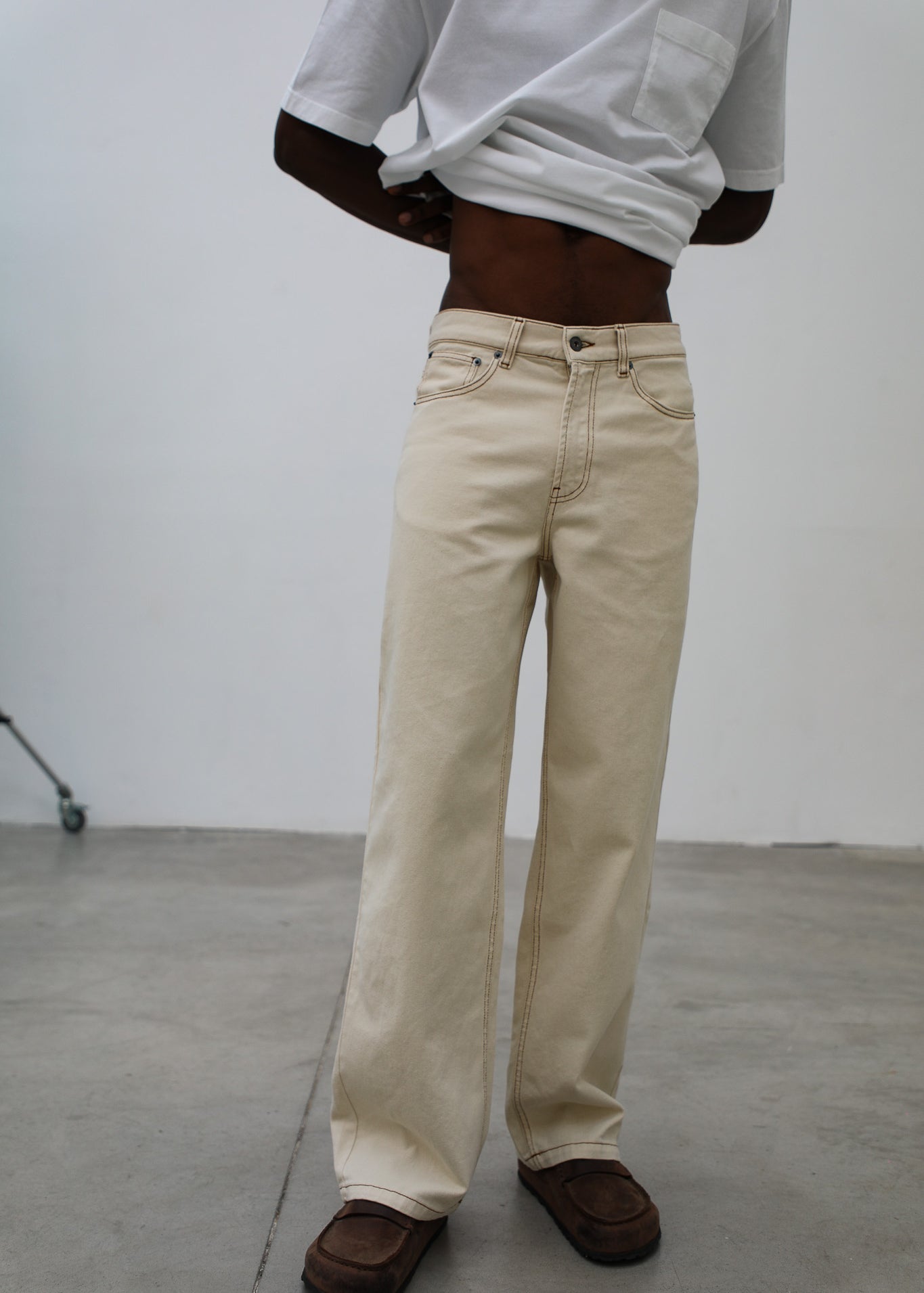Wide Denim Seams Pants Beige