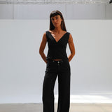 Linen Low Waist Elastic Detail Pants Black