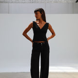 Linen V Neck Top Black