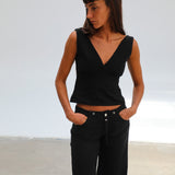 Linen V Neck Top Black