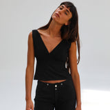 Linen V Neck Top Black