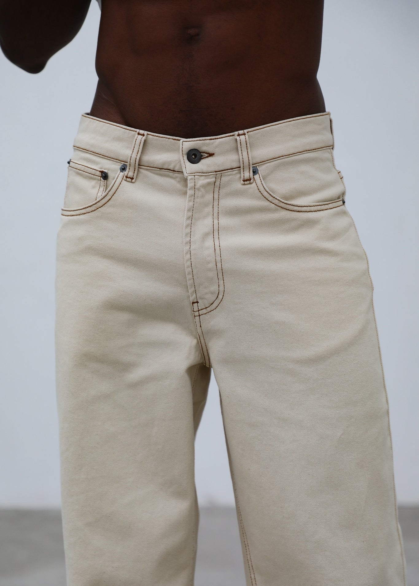 Wide Denim Seams Pants Beige