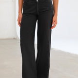 Linen Low Waist Elastic Detail Pants Black