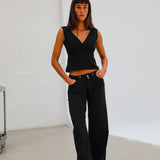 Linen Low Waist Elastic Detail Pants Black