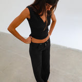 Linen Low Waist Elastic Detail Pants Black