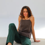 Thin Straps Linen Top Brown