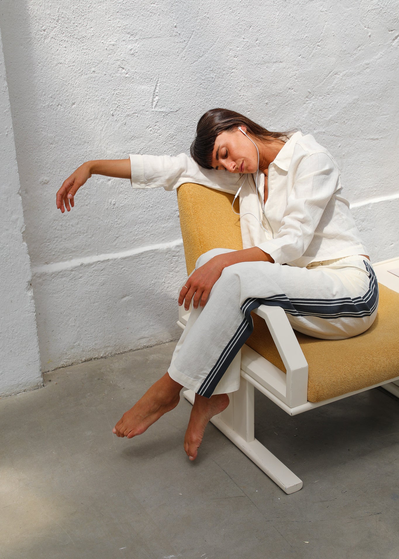 Linen Pants Side Stripes White & Navy