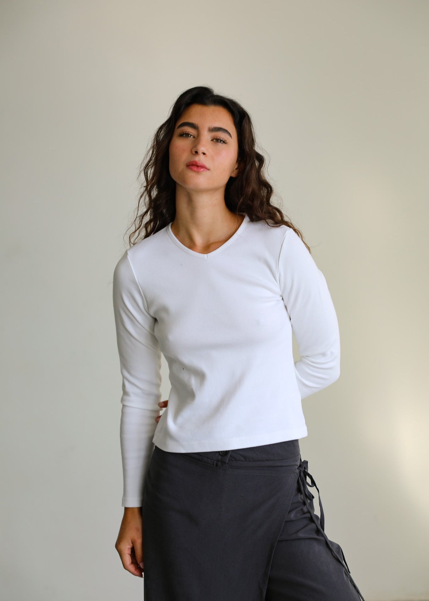 Long V-Neck T-Shirt White