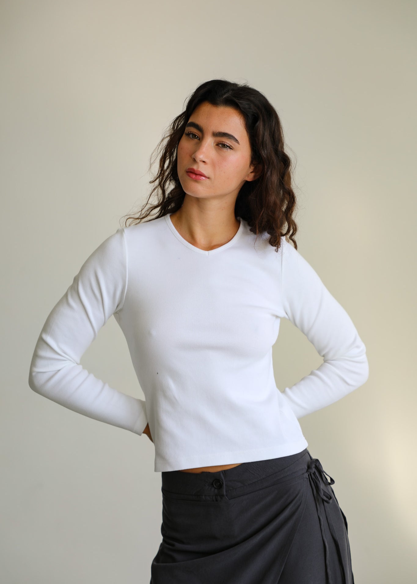 Long V-Neck T-Shirt White