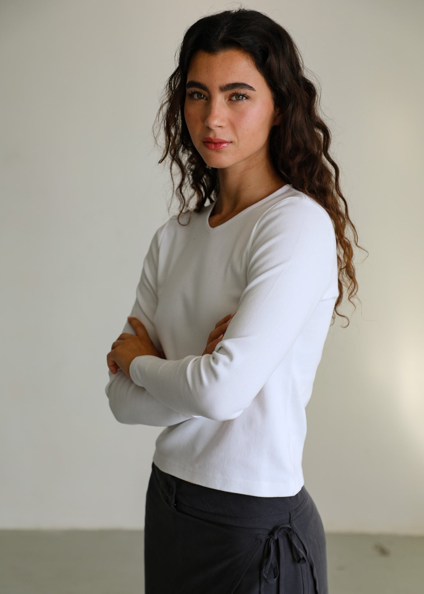 Long V-Neck T-Shirt White