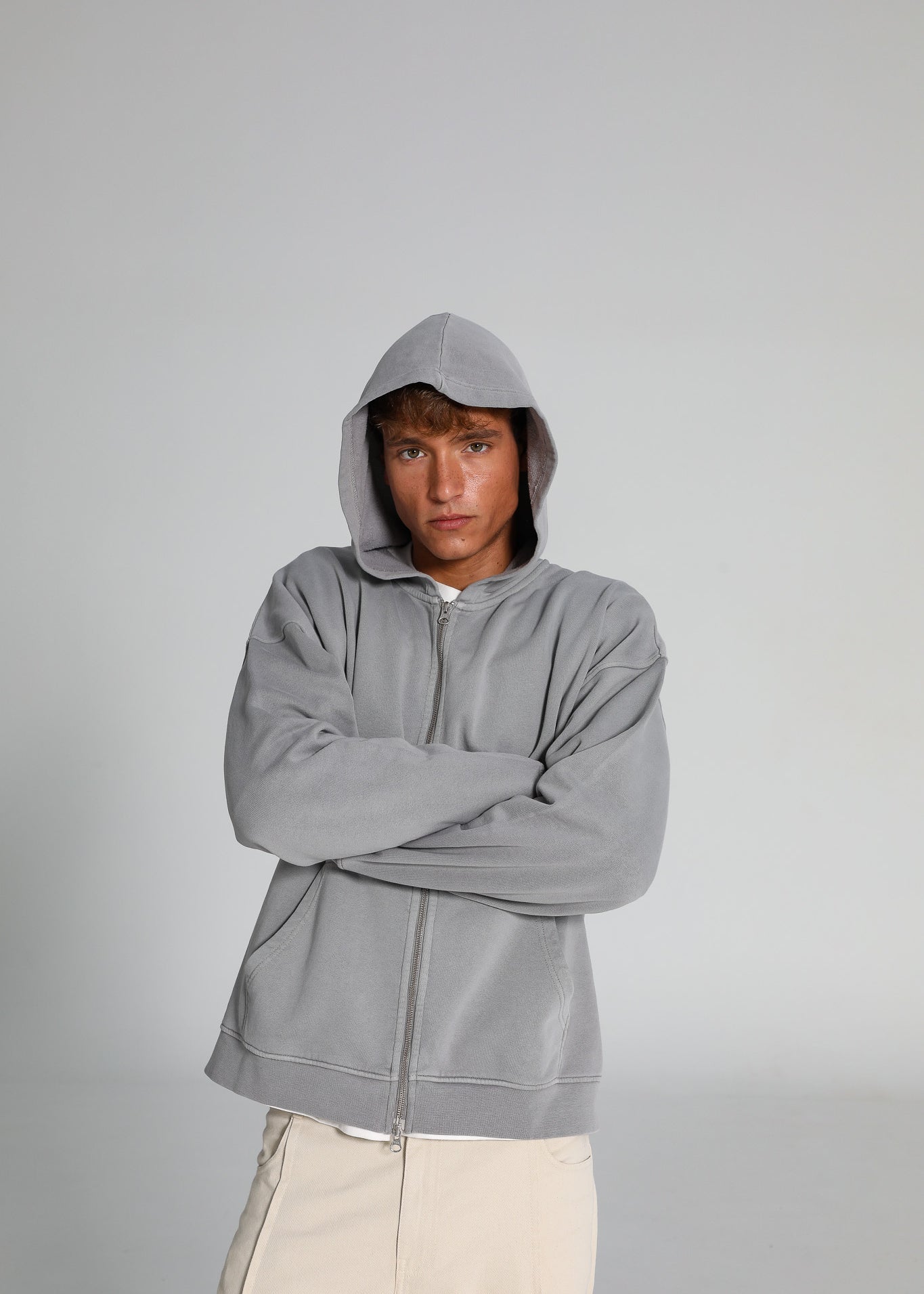 Double Zip Hoodie Light Grey