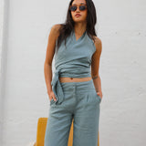 Linen Pleated Pants Light Blue