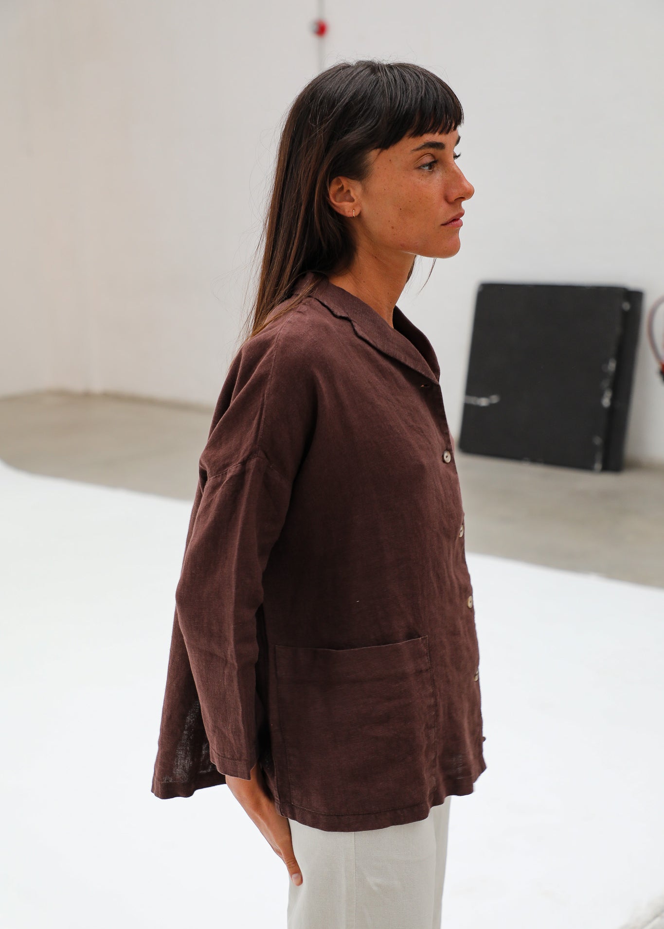 Linen Open Back Jacket Brown