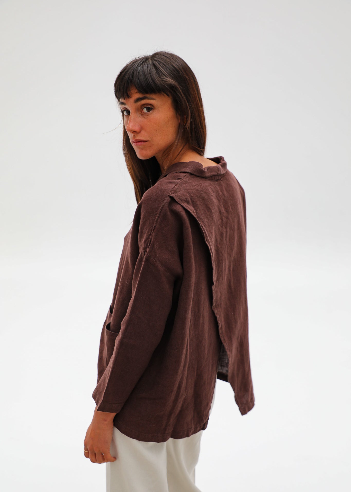Linen Open Back Jacket Brown