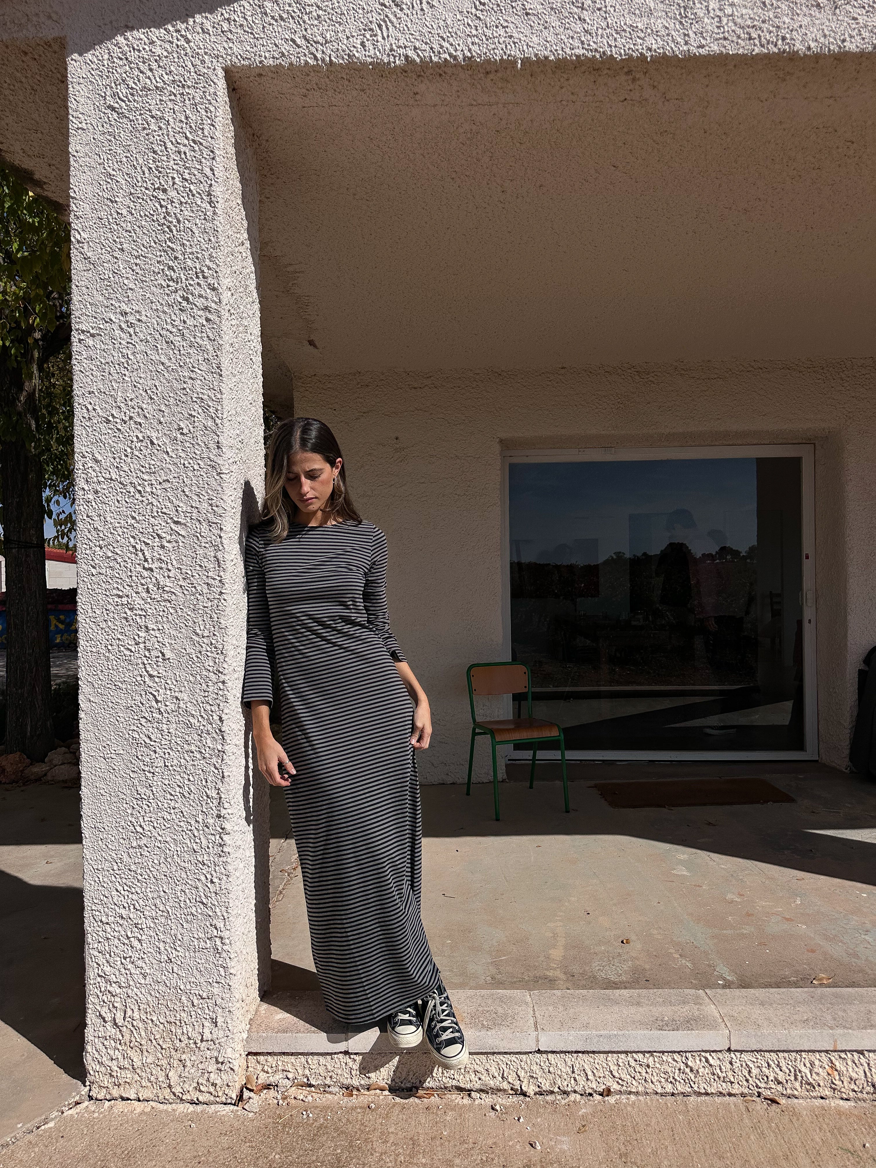 grey and black striped dress Winter River Charcoal Stripe Prairie Dress