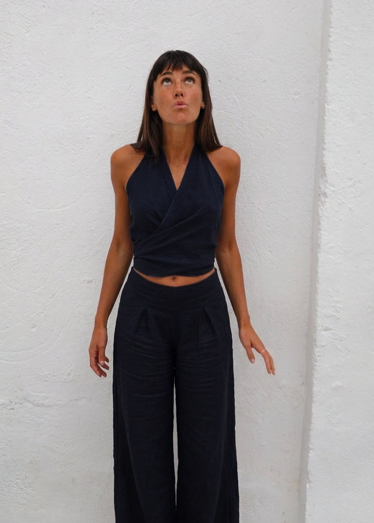 Linen Mix Top Navy