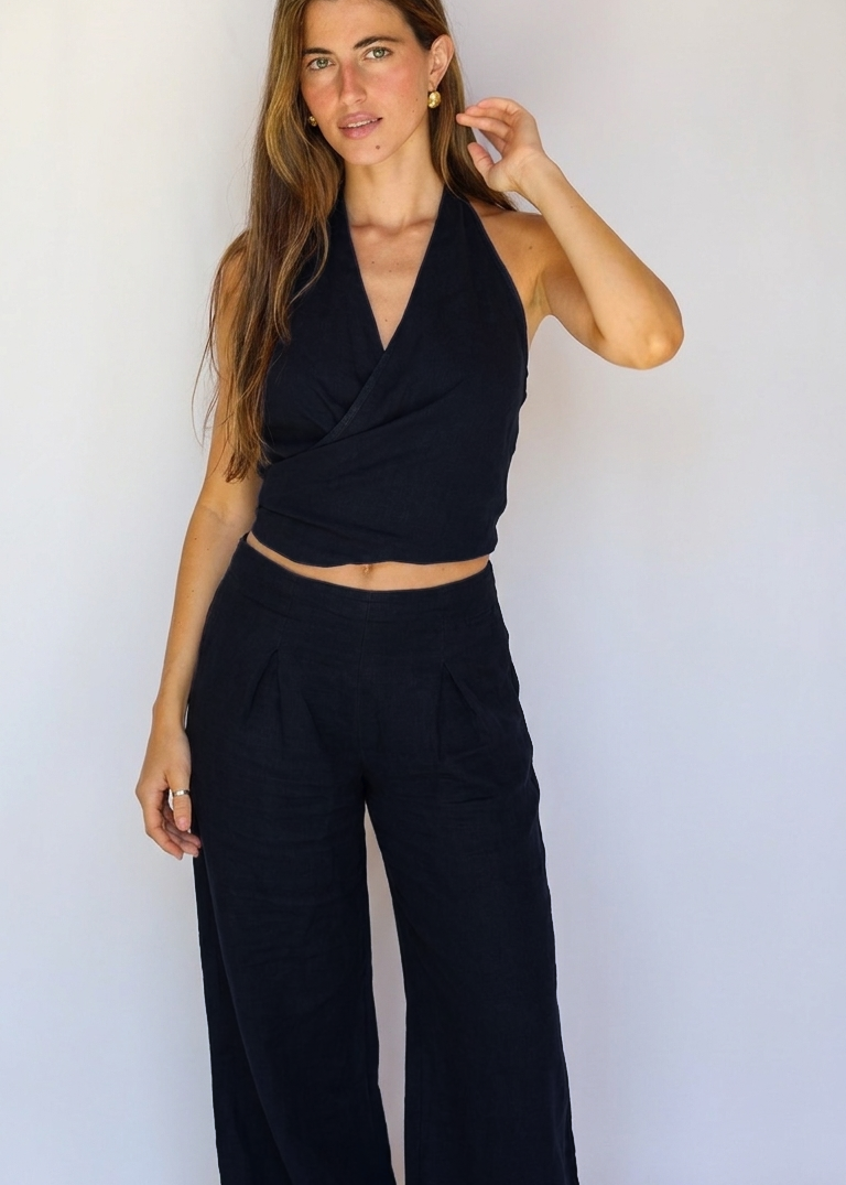 Linen Mix Top Navy
