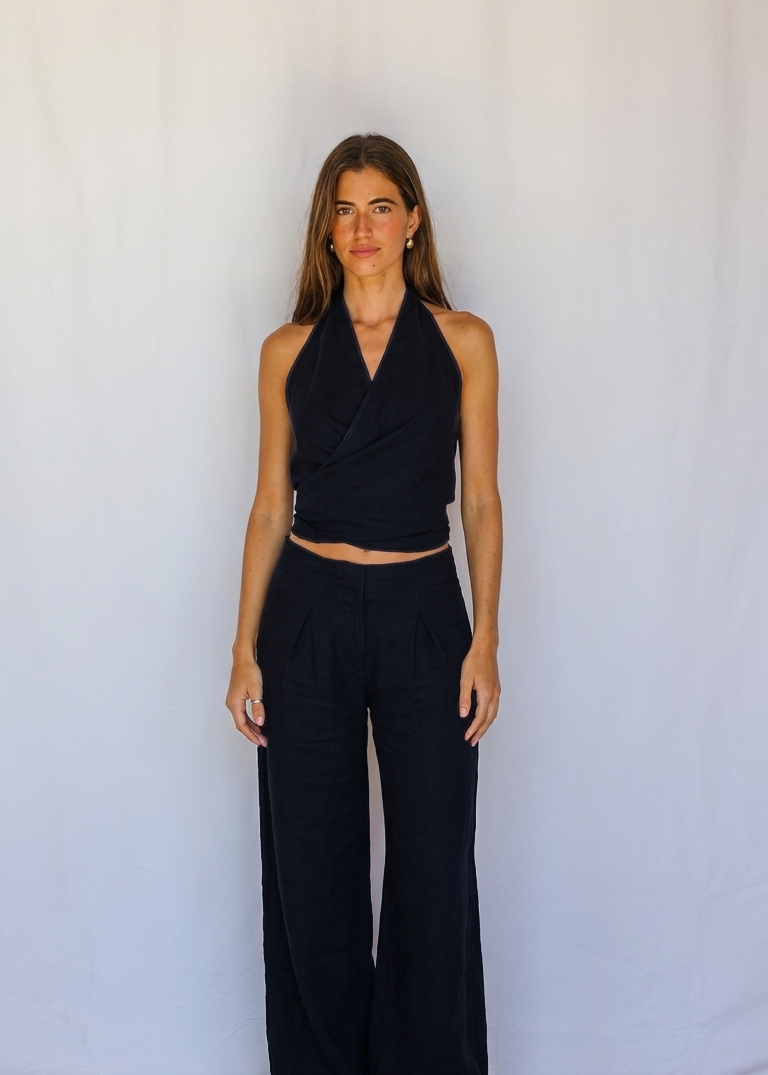 Linen Mix Top Navy